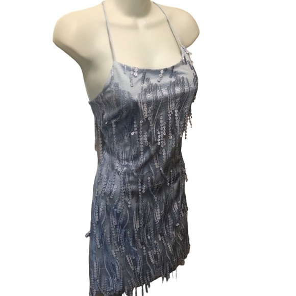 Lulus Making Magic Strappy Mini Dress XL Shimmery Fringe Ice Blue Criss Cross - Picture 4 of 10